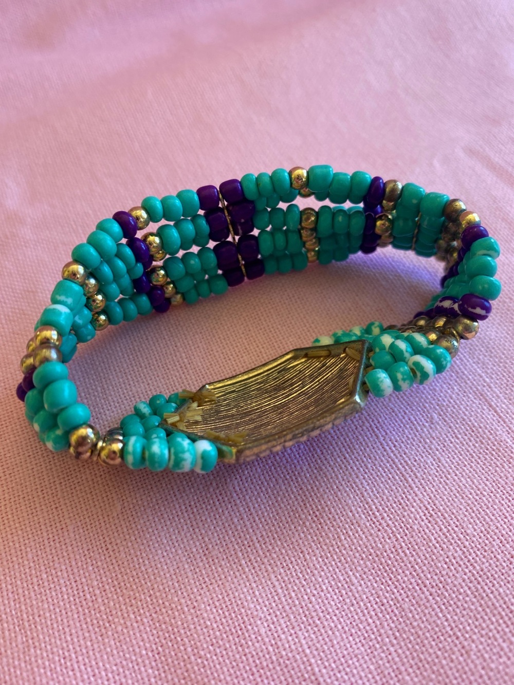 Turquoise Bracelet Beaded Stretchy Purple Gold Metal Octagon Navy Blue Green Gem - Picture 8 of 8